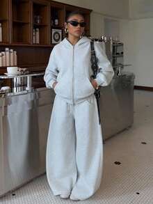 Muchica 2pcs Stylish Women's Two-Piece Set: Hooded Zip-Up Sweatshirt And Drawstring-Waist Joggers With A Curved Hem-Suitable For Casual Wear And Workouts. - Grey - View 3