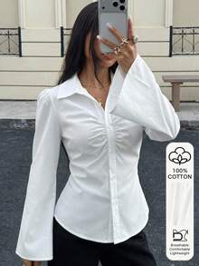 SHEIN 青少年女孩V領荷葉邊喇叭袖收腰黑色長袖襯衫 - 白色 - 查看 1