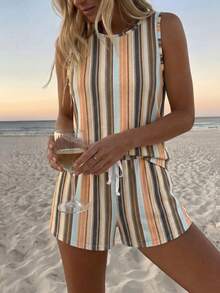 SHEIN LUNE Casual Women's Round Neck Tank Top And Shorts 2 Pieces Set Beach Beige Summer - Multicolor - View 6