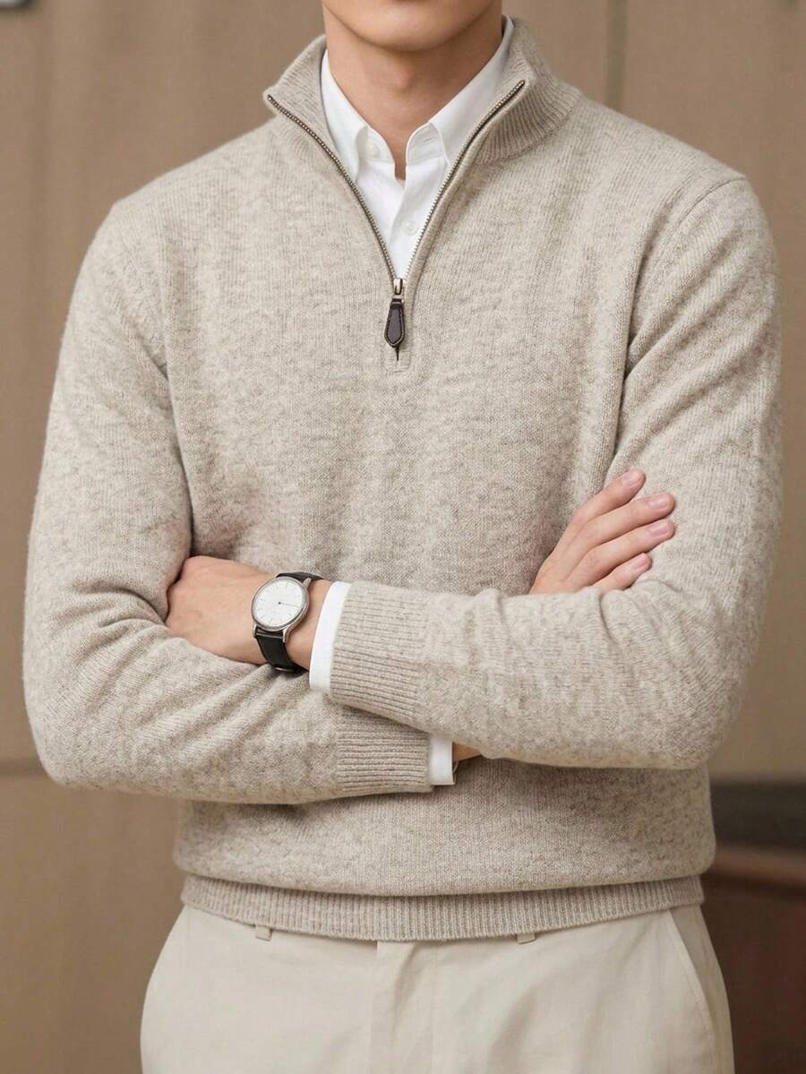 Manfinity Homme 男士針織基本百搭毛衣,適合日常休閒中性穿著或外出,米色秋季教師節辦公工作教師節 - 卡其色 - 查看 1