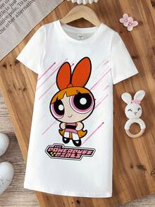 THE POWERPUFF GIRLS X SHEIN 女童字母卡通印花圓領短袖休閒洋裝 - 白色 - 查看 8