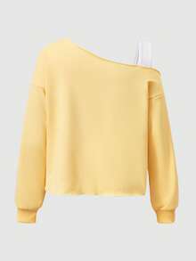 SHEIN 女款字母印花 2 合 1 不對稱露肩短版甜辣風休閒運動衫 - 黃色 - 查看 2