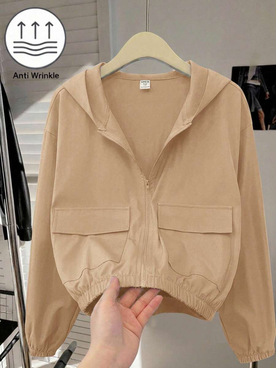 SHEIN Jaket Kasual Longgar Berkerudung untuk Remaja Perempuan, Warna Polos, Bahan Tenun, Dilengkapi Kantong, Cocok untuk Musim Gugur dan Musim Dingin. - Khaki - View 1