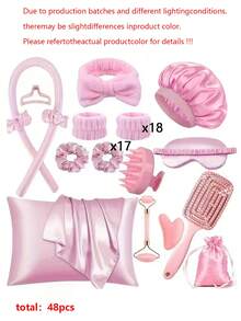 10/7/12/48/50pcs Sleep Hair Styling Tools Set, Curler 1pc Silk Pillowcase For Hair And Skin Queen Set, Silk Heatless Curling Set, Overnight Curling Iron, 1pc Sleep Soft Eye Mask, 1pc Sleep Silk Nightcap, Sleep Essential Set - Pink - View 16