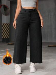 Jeanoix Plus Size Casual Traditional Versatile Baggy Jeans With Frayed Hem Black Summer - Black - View 1