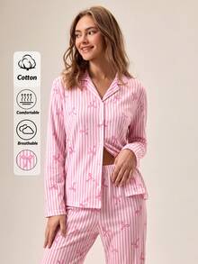 SHEIN Tall TALL SIZE Women 2 Pcs Button Front With Striped&Bot Pattern Homewear Cute Pajama Set - Pink - View 3