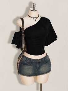SHEIN ICON Y2K 性感女款黑色純色不對稱單肩荷葉邊短袖上衣 - 黑色 - 查看 7