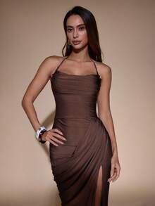 Glamine Brown Cowl Neck Halter Ruched Slit Maxi Dress,Outfit For Romantic Dinner And Birthday Party - Coffee - View 5