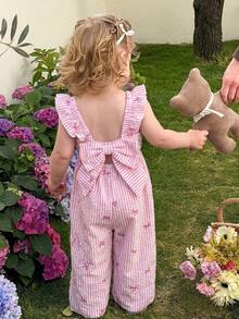 LMoss Kids 女婴条纹荷叶边领休闲连体衣 - 淺粉色 - 查看 1