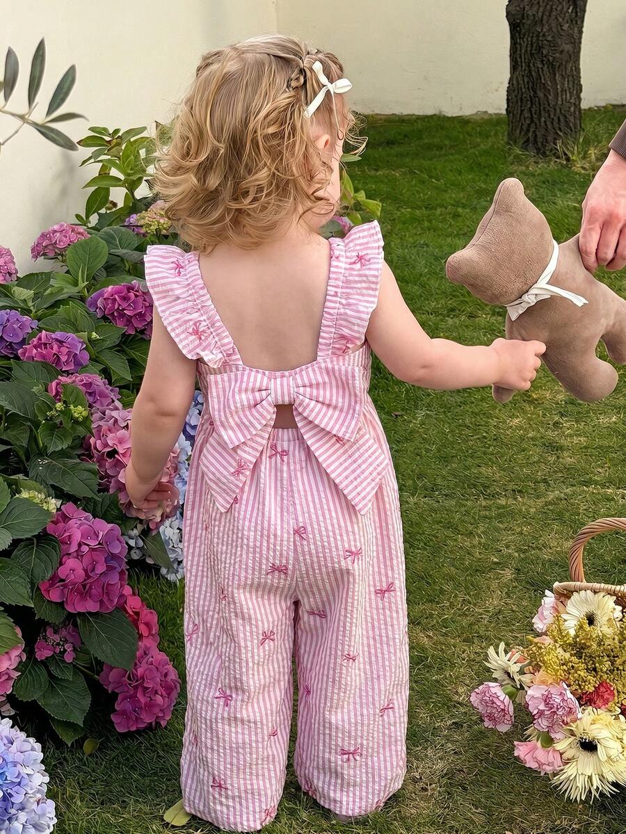 LMoss Kids 女婴条纹荷叶边领休闲连体衣 - 淺粉色 - 查看 1