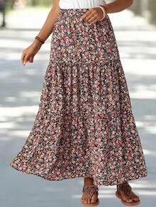 EMERY ROSE Women's Patchwork Floral Print Long Midi Skirt Summer Picnic Vacation Black Casual - Multicolor - View 7