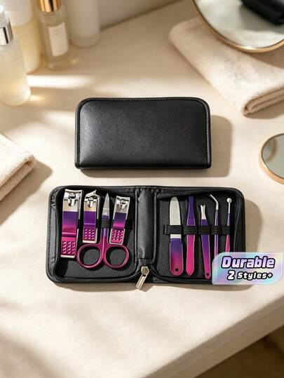 9Pcs & 6Pcs Gradient Nano Stainless Steel Manicure Set, Nail Care & Eyebrow Trimming Tools, Black Zipper Business Storage Case