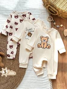SHEIN Vintaside Kids 男嬰幼兒 0-3 歲，可愛動物印花連身衣三件套 - 棕色 - 查看 3