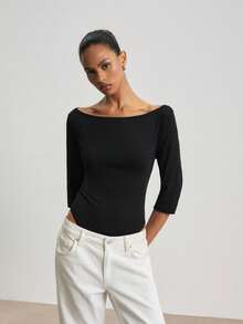 ATUI Studio Women Minimalist Off Shoulder Bodysuit, 3/4 Sleeve Stretch Jersey Slim Fit Basic Black Top For Daily Office Wear - Black - View 3
