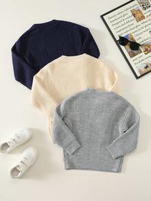 SHEIN 3件組/返校季男童小男孩黑色灰色卡其色百搭紋理鬆款套頭秋季毛衣，Y2K，假日，生日男孩，Lmoss Kids - 彩色 - 查看 3