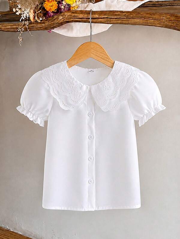 SHEIN Elladie kids Girls' Summer Casual Fashion Ruffle Petal Sleeve Short Solid Color Blouse, Versatile Single Top Shirt White Back-To-School