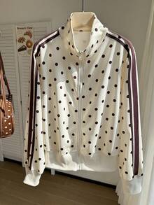 Comfortcana Plus Size Yellow Stand Collar Polka Dot Retro Sports College Sweatshirt Fall - Light Yellow - View 6
