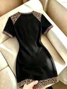 Franclia Elegant Leopard Print Short Sleeve Midi Dress, Patchwork Round Neck Casual T-Shirt Dress, Perfect For Dates - Multicolor - View 2