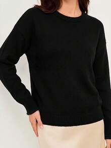 SHEIN Orluneo Women's Black Fall Winter Basic Casual Round Neck Pullover Sweater,Elegant Slouchy Loose Retro School Back-To-School Outdoor Commuting Fall Cloth - Black - View 3