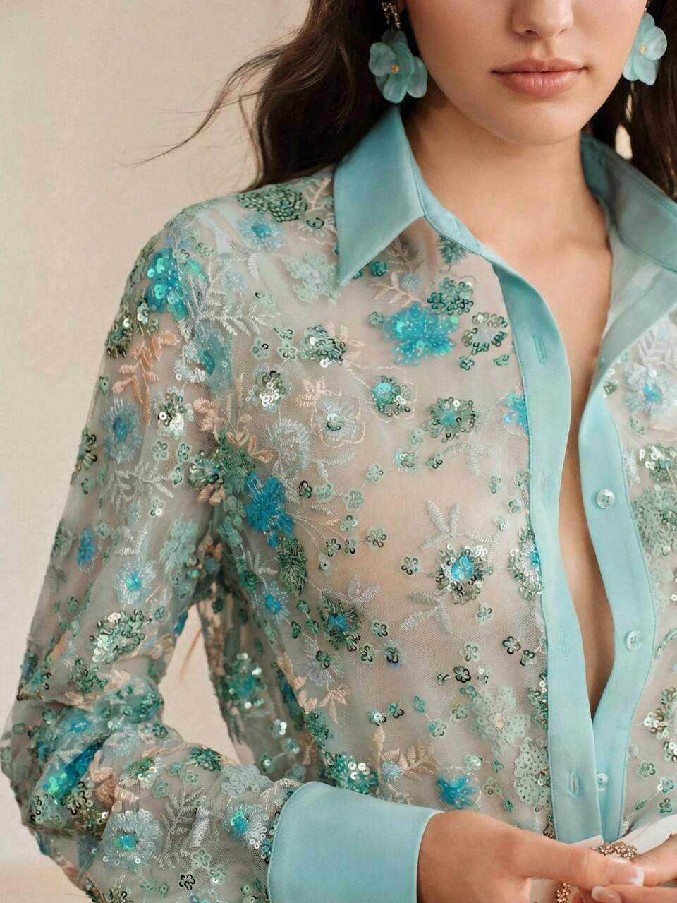 Anewsta Women's Elegant Loose Fit Lapel Collar Heavy Embellished Sequin Embroidered Long Sleeve Blouse