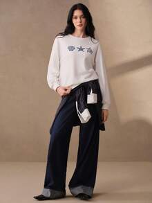 Anewsta Sudadera de cuello redondo de manga larga con estampado de patrón de concha y remaches para mujer - Blanco - Ver 2