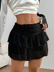 SHEIN Unity Women Lace Ruffle Hem Ruched Skirt - Black - View 4
