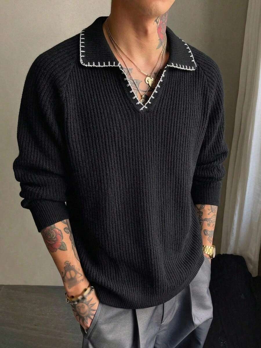 Manfinity Homme 男士領口長袖休閒寬鬆毛衣 - 黑色 - 查看 1