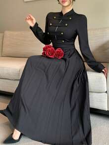 Joudiya Vestido largo elegante para mujer de estilo militar, negro, de otoño, con cuello alto pequeño, manga larga, doble botonadura con botones metálicos, falda plisada completa y cintura ceñida, ideal para ir a la oficina y citas - Negro - Ver 2