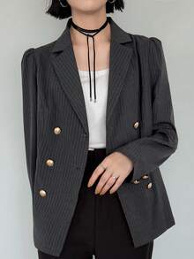 FRIFUL Women's Early Autumn New Korean Style Striped Fabric Back Tie Bow Knot Blazer Cute Tops - Grey - View 4