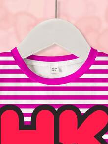 HELLO KITTY AND FRIENDS | SHEIN Cartoon & Striped Print Round Neck Casual Short Sleeve T-Shirt For Young Girls - White - View 4