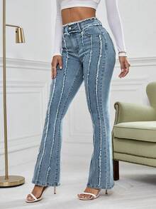EMERY ROSE Distressed Hem Slim Fit Flare Jeans - Dusty Blue - View 7
