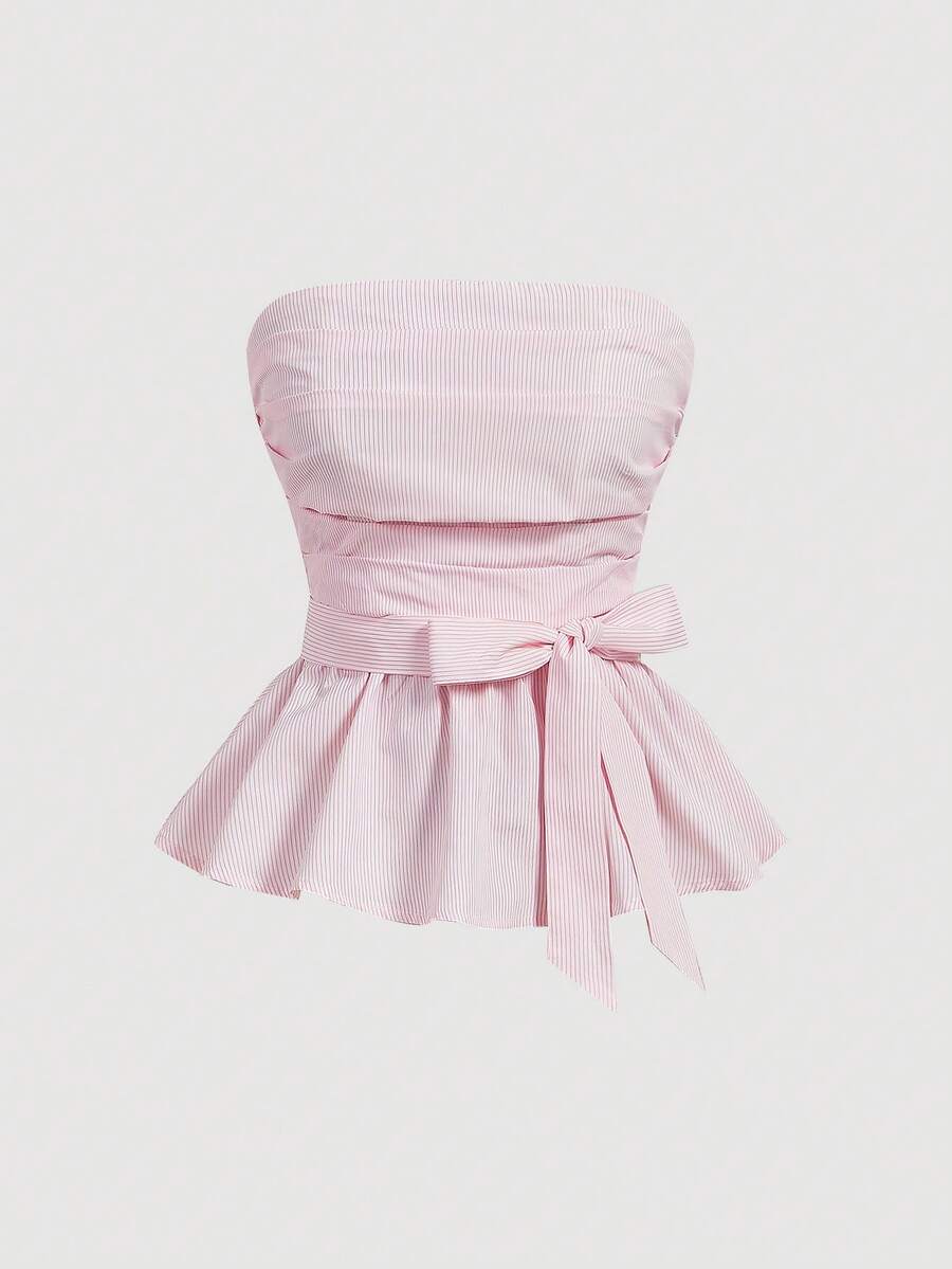 SHEIN MOD Bow Belt Bandeau Top With Ruffle Trim - Pink - View 1