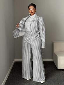 Mawevolt Plus Size Striped Vintage Casual Commute Interview Waist-Cinching Long Sleeve Blazer High Waist Wide Leg Pants Suit Set - Light Grey - View 5