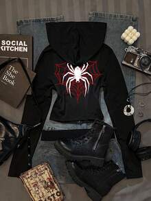 Attitoon Halloween Goth Y2K Spider /Spider Web Basic Hoodie - Black - View 3