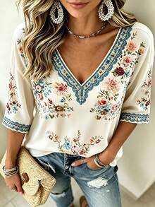 Selamara Plus Size Women's Floral Print Casual Versatile Daily Wear Top Fall - Multicolor - View 5