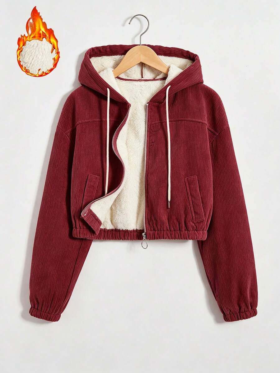 GlowEve 燈芯絨保暖內裡連帽長袖夾克 - 酒紅色 - 查看 1