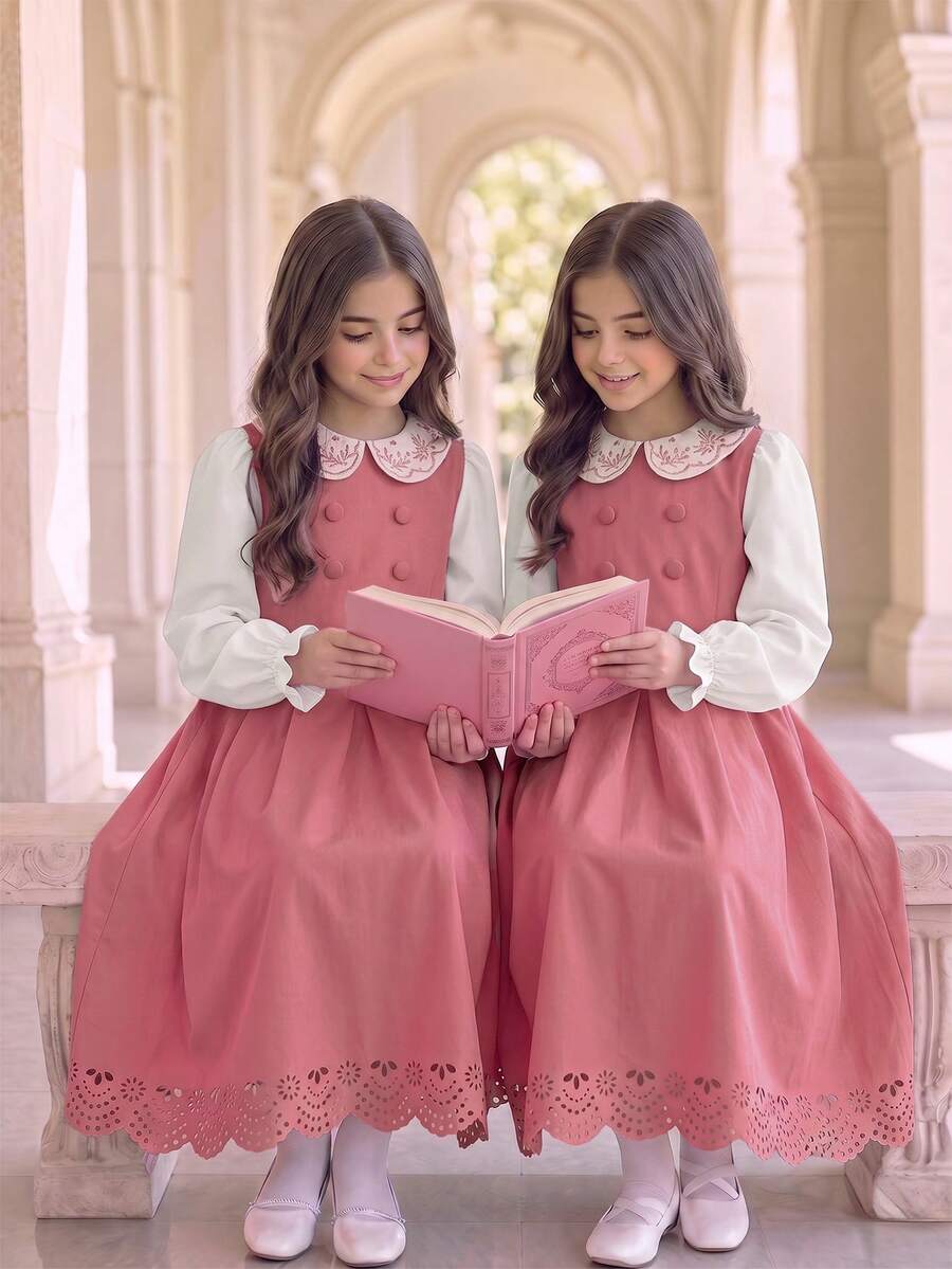 SHEIN 少女玫瑰粉洋裝，純白泡泡長袖，圓領配淺粉圖案，正面整齊排列六顆圓形鈕扣，精緻蕾絲袖口，鏤空花卉下擺，柔和溫馨色調，甜美優雅整體風格 - 粉色 - 查看 1