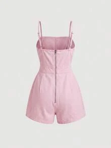 SHEIN MOD 女款時尚不對稱下擺牛仔連身褲 - 粉色 - 查看 2