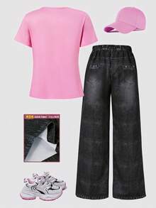 Genkimix Kids 青少年女孩 T-shirt 套裝，秋季、冬季，圖案，返校，學校，萬聖節，假期，休閒，穿搭，寬腿 - 彩色 - 查看 2