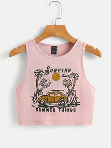 Y2Kool flow eat Artist Women Vacation Car & Letter Graphic Tank Top, For Summer, Holiday, Beach, Going Out, Festival - Baby Pink - View 1