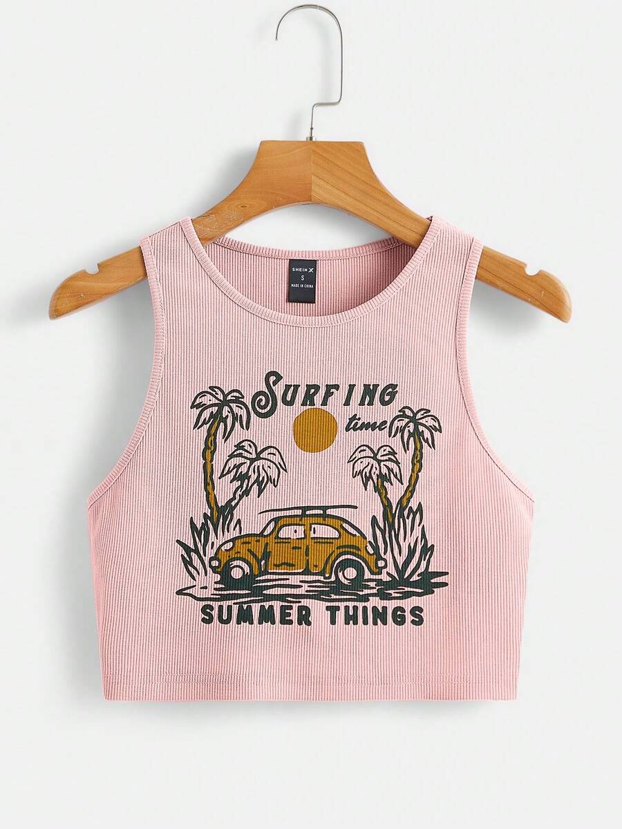 Y2Kool flow eat Artist Women Vacation Car & Letter Graphic Tank Top, For Summer, Holiday, Beach, Going Out, Festival - Baby Pink - View 1