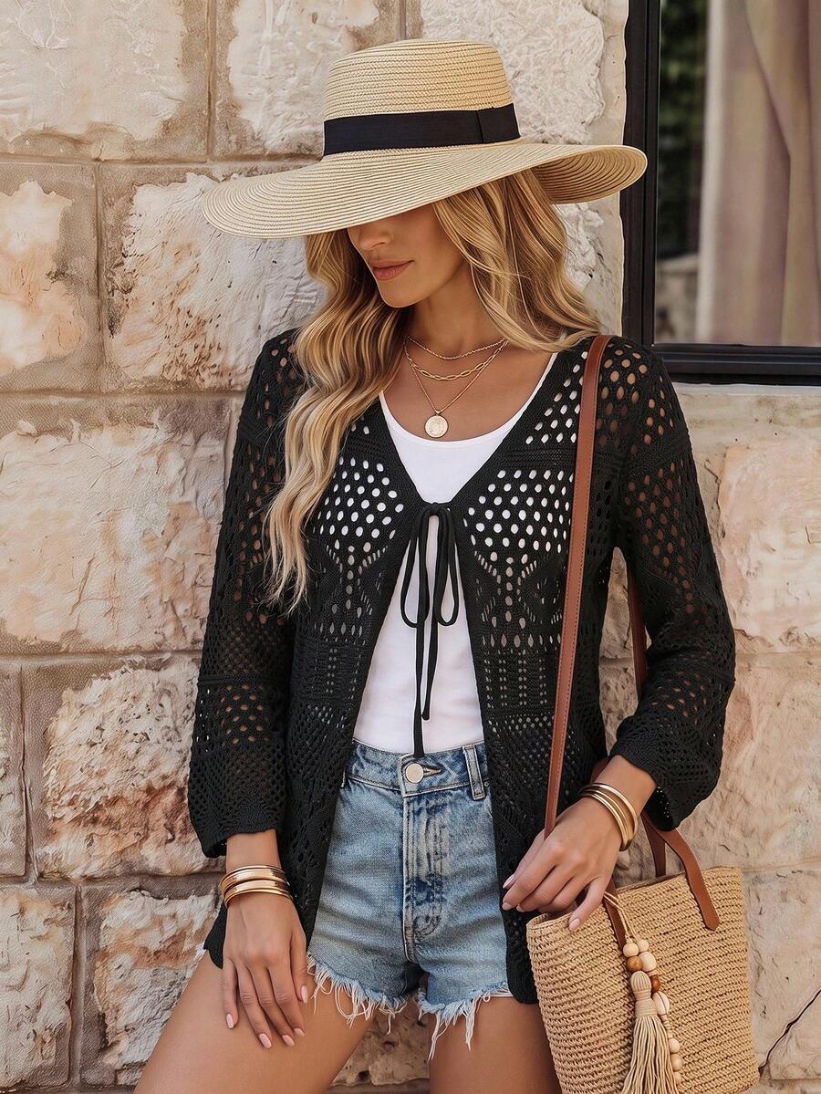 EMERY ROSE Kimono de manga larga de unicolor con escote en V transparente y diseño de lazo - Negro - Ver 1