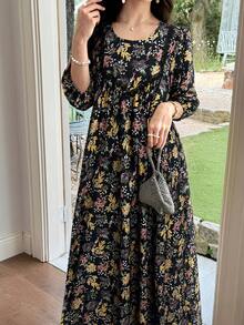 Al Najma 女款印花圓領蕾絲飾邊拼接喇叭裙 - 黑色 - 查看 1