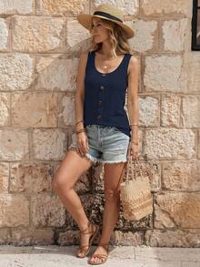 EMERY ROSE New Fashion Women Round Neck Button Camisole - Navy Blue - View 3
