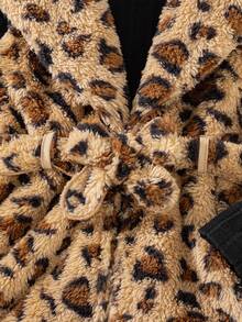 SHEIN 3pcs/Set Girls' Fall Winter Leopard Print Fleece Lapel Cinched Waist Vest Jacket Ribbed High Neck Long Sleeve Base Layer Ribbed Slim Fit 7th Birthday - Black - View 7