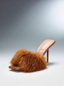 SHUZIA Sandal Hak Stiletto Slip-On Berbulu Glamor untuk Wanita - Chocolate Brown - View 1