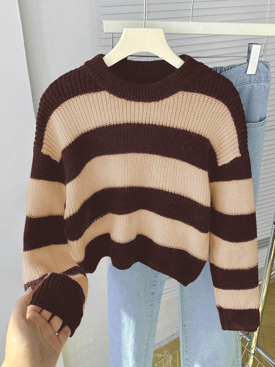 SHEIN 青少年女孩秋冬時尚簡約厚針織長袖上衣 - 棕色 - 查看 1