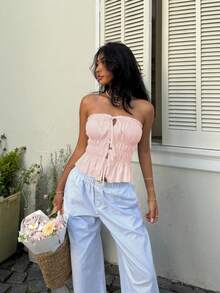 Sunnyshic Solid Color Tie-Up Hollow Out Ruffle Trim Women's Bandeau Top - Baby Pink - View 3