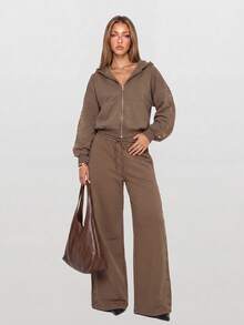 Avantive Women's Solid Color Drawstring Waist Casual Versatile Daily Wear Long Pants - Brown - View 4