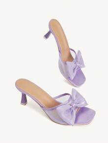 CUCCOO CHICEST Purple Three-Dimensional Bow High-Heeled Sandals, Mesh Square Toe High-Heeled Sandals, Versatile In Summer - Purple - View 4